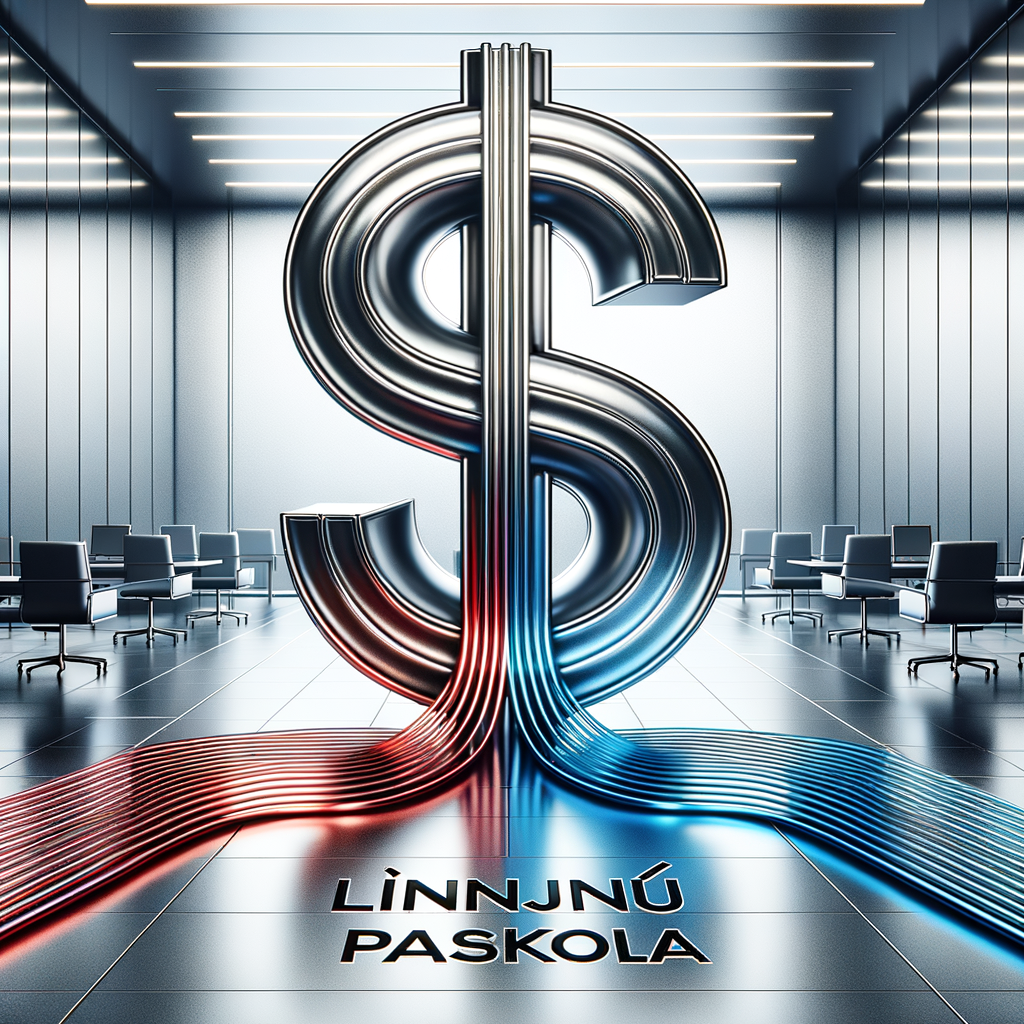 Futuristic metallic dollar sign with red and blue cables in a sleek, modern conference room setting.